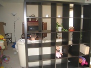 Shelf view from toy room into living room