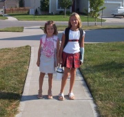 Sarah and neighbor, Payton on first day of school.